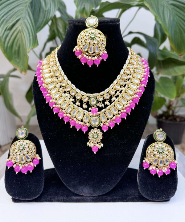 KUNDAN WITH PINK AND WHITE PEARLS WORK BEAUTIFUL HEAVY WORK NECKLACE WITH TIKKA AND EARRINGS