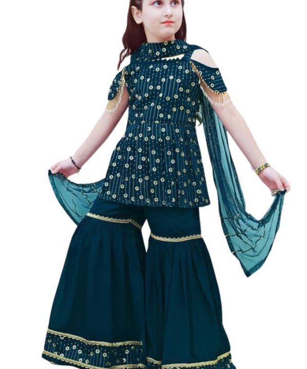 Party Wear Teal Blue Kids Sharara Suit