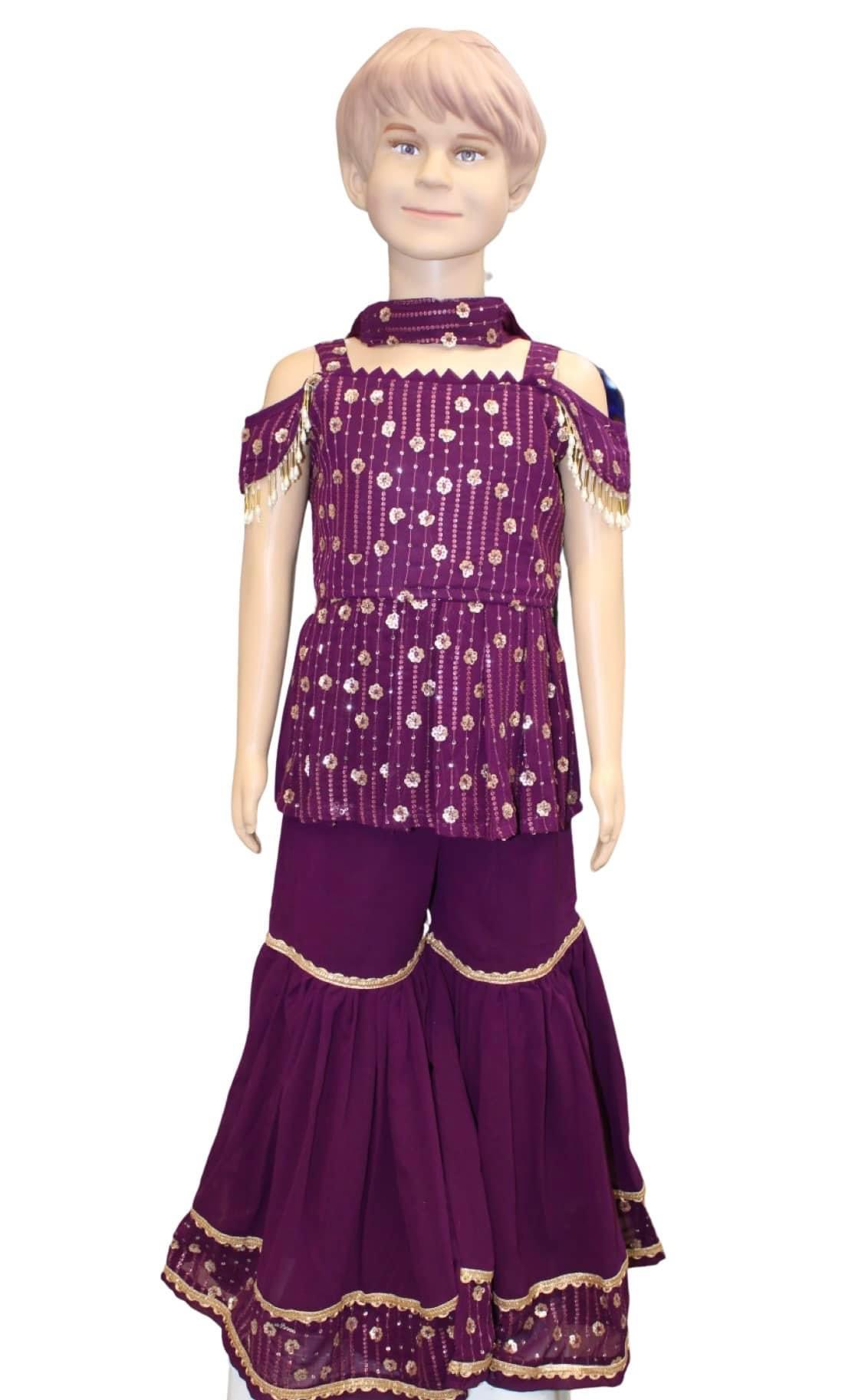 Ethnic Wear Purple Colour Sequin Embroidery Georgette Kurti Sharara Set
