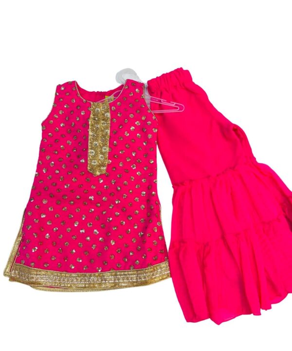 BEAUTIFUL PINK COLOR SHARARA DRESS WITH GOLDEN WORK AND LACE WORK ON SHIRT SIDE COMES WITH DUPATTA