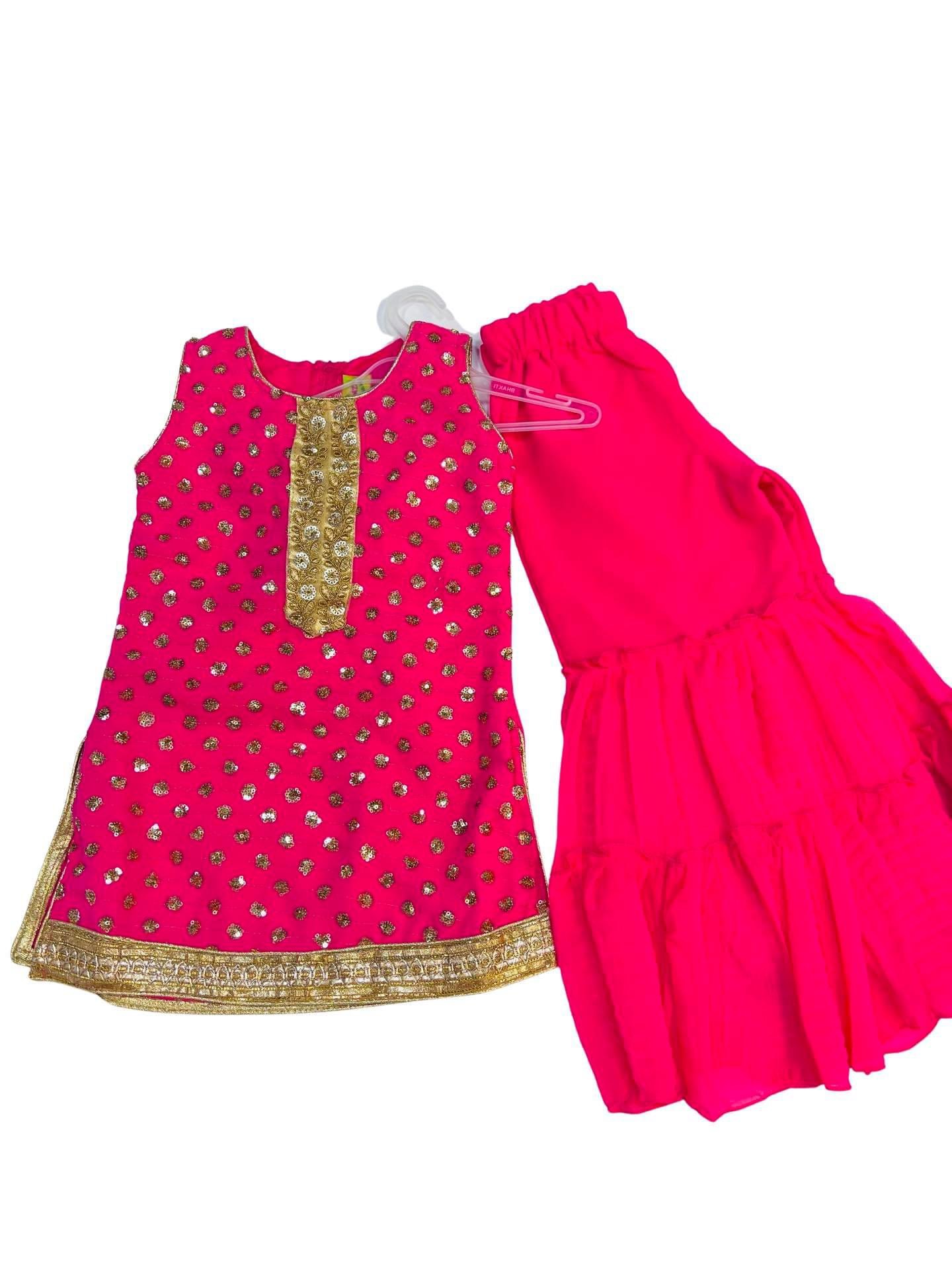 BEAUTIFUL PINK COLOR SHARARA DRESS WITH GOLDEN WORK AND LACE WORK ON SHIRT SIDE COMES WITH DUPATTA