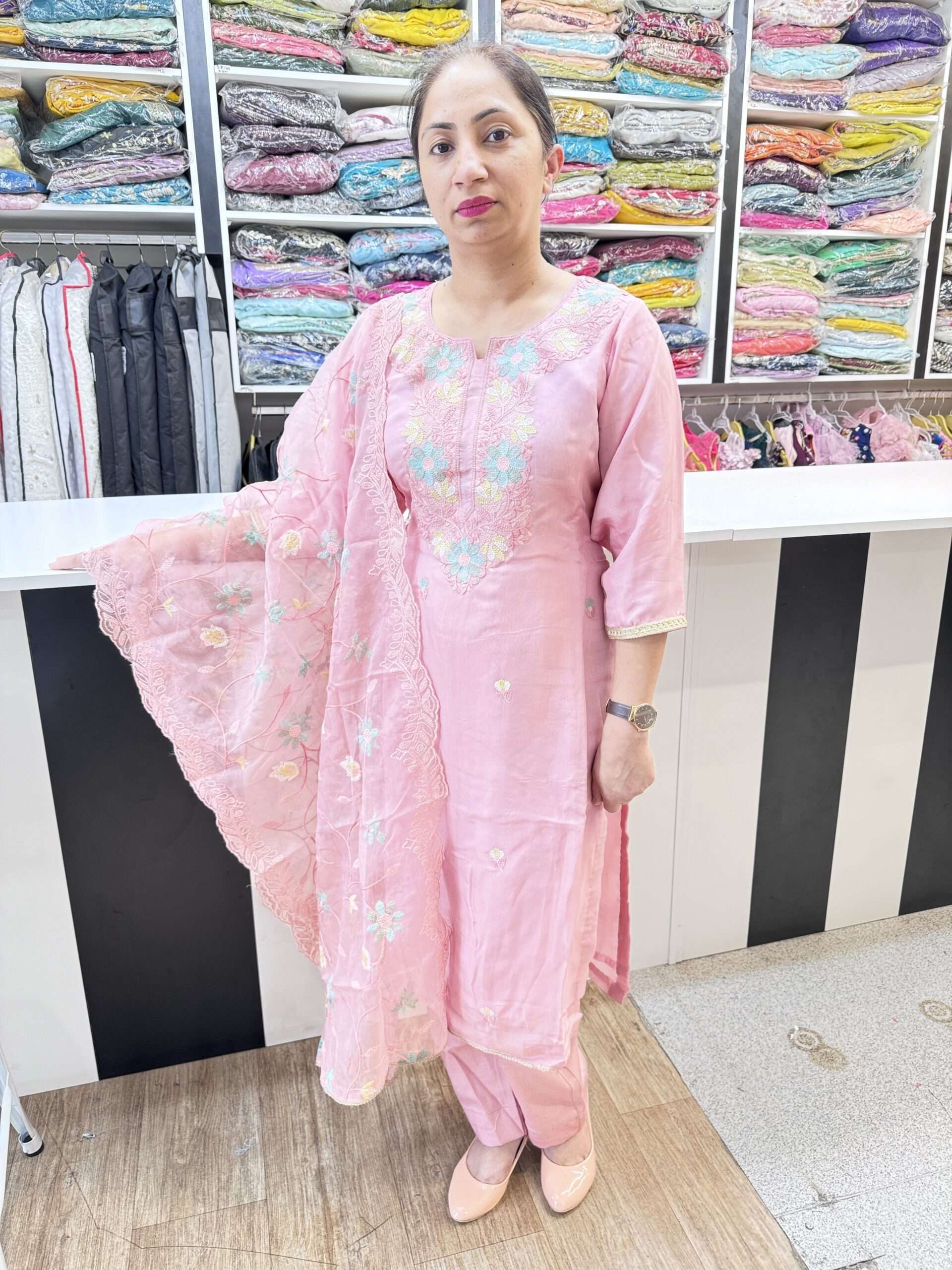 PINK COLOR 3 PIECE STRAIGHT PANT SUIT WITH BEAUTIFUL THREAD WORK ALL OVER THE SUIT AND ON DUPATTA