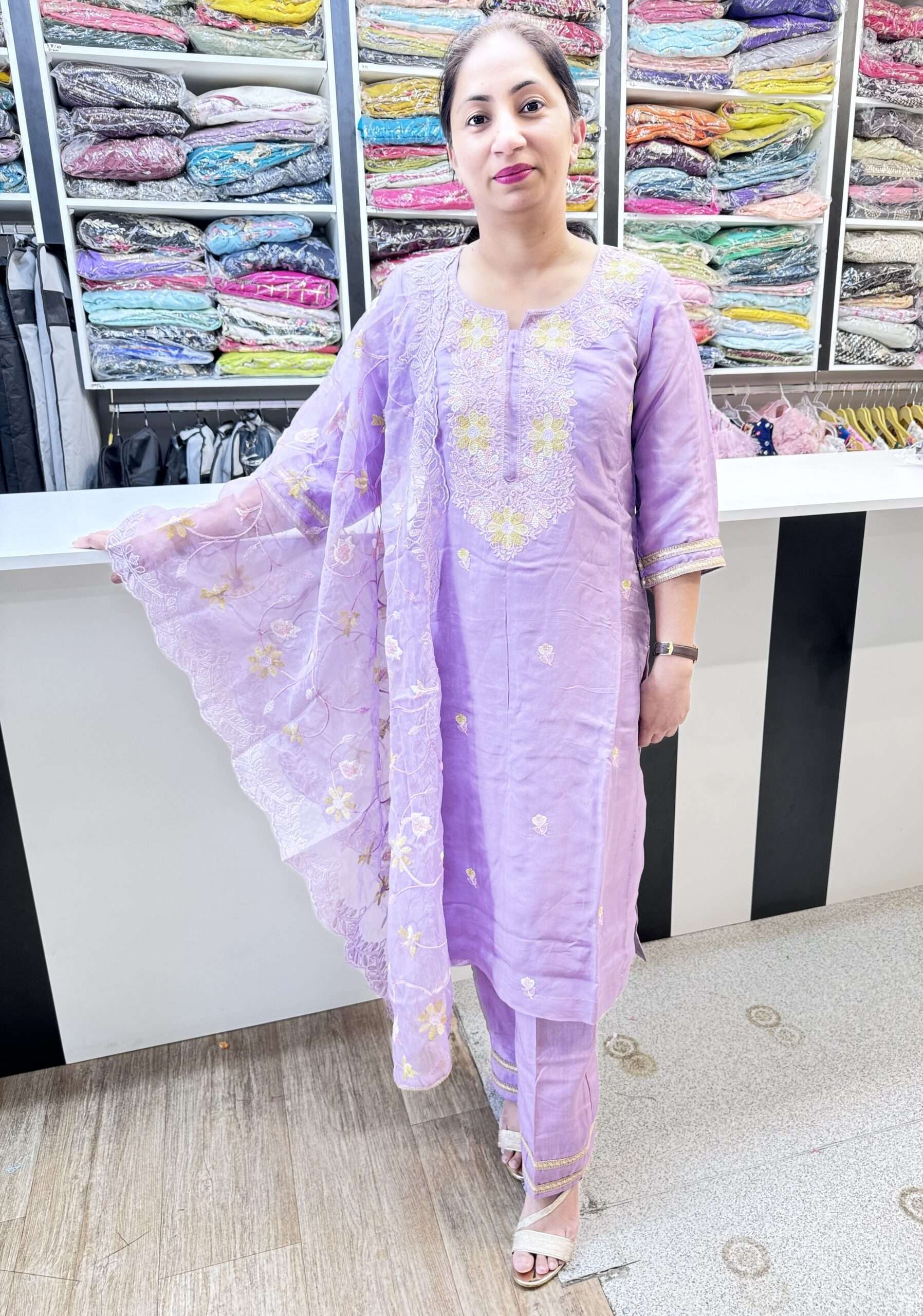 3 PIECE VIOLET COLOR STRAIGHT PANT SUIT WITH BEAUTIFUL EMBROIDERY WORK ALL OVER AND ON DUPATTA