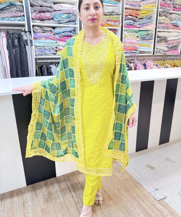 3 PIECE LIME COLOR STRAIGHT PANT SUIT WITH EMDROIDERY  WORK.