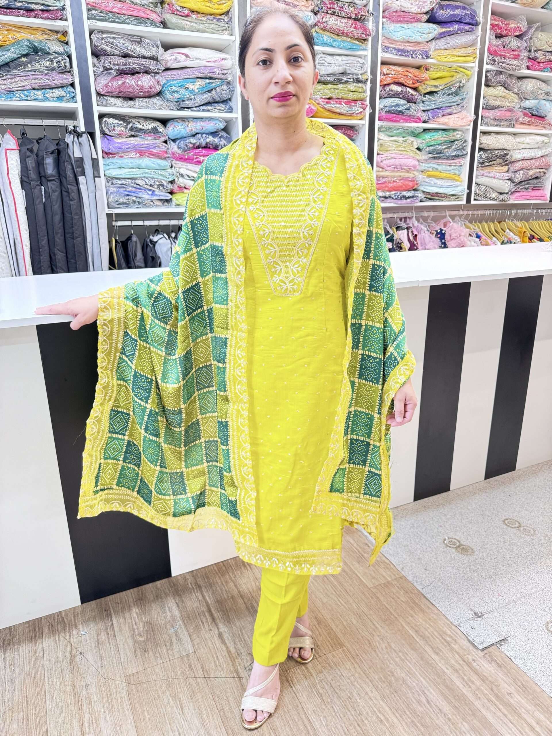 3 PIECE LIME COLOR STRAIGHT PANT SUIT WITH EMDROIDERY  WORK.