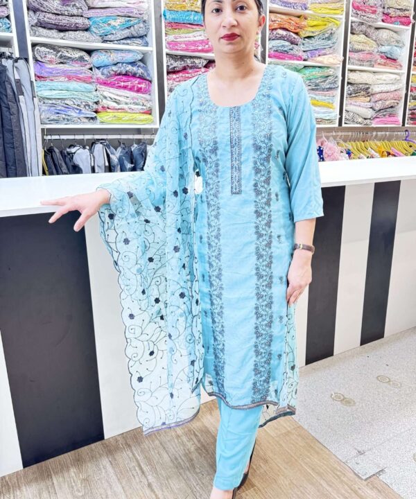 SOFT ORGANZA TEAL COLOR STRAIGHT PANT SUIT WITH ORGANZA DUPATTA WITH THREAD AND STONE WORK