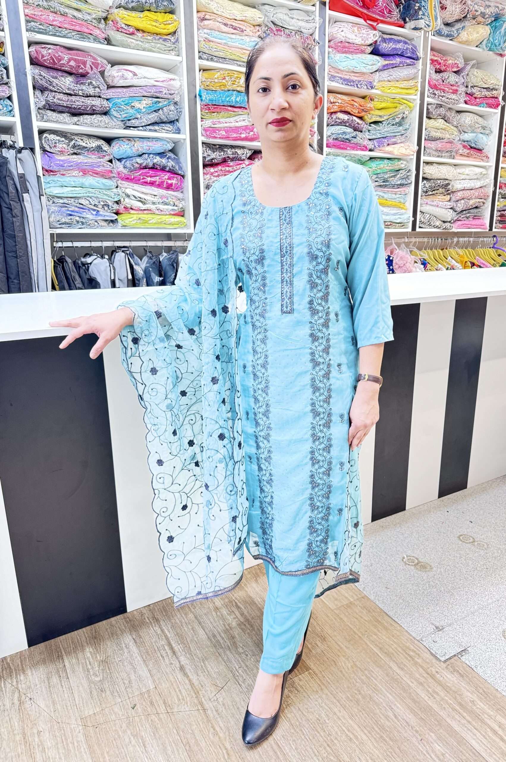 SOFT ORGANZA TEAL COLOR STRAIGHT PANT SUIT WITH ORGANZA DUPATTA WITH THREAD AND STONE WORK