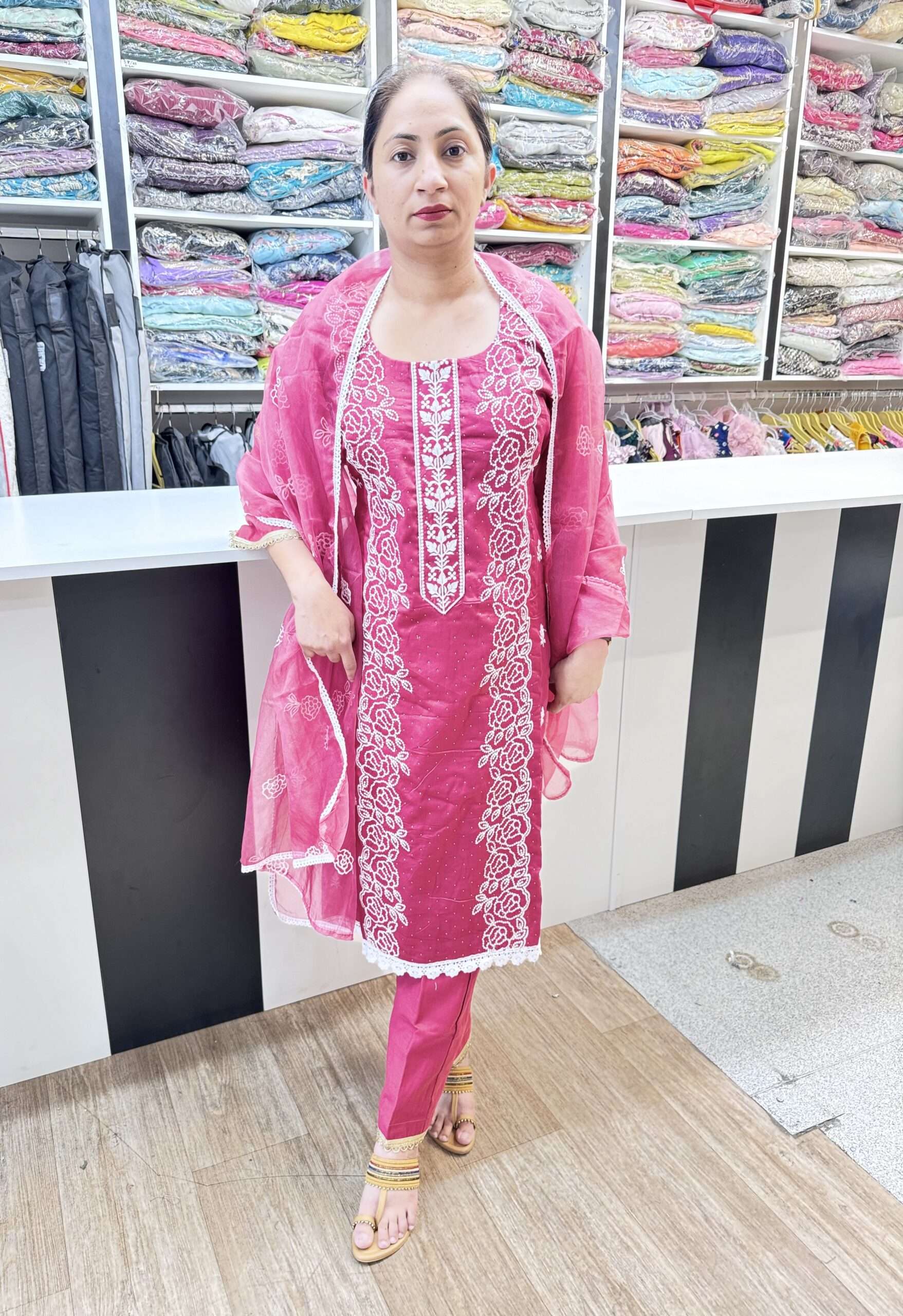 RAYON BASED LIGHT MARRON COLOR STRAIGHT PANT SUIT AND DUPATTA WITH THREAD AND STONE WORK