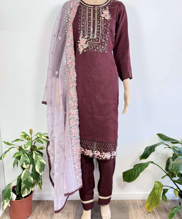 Dark Marron Color straight pant suit with heavy embroidery work
