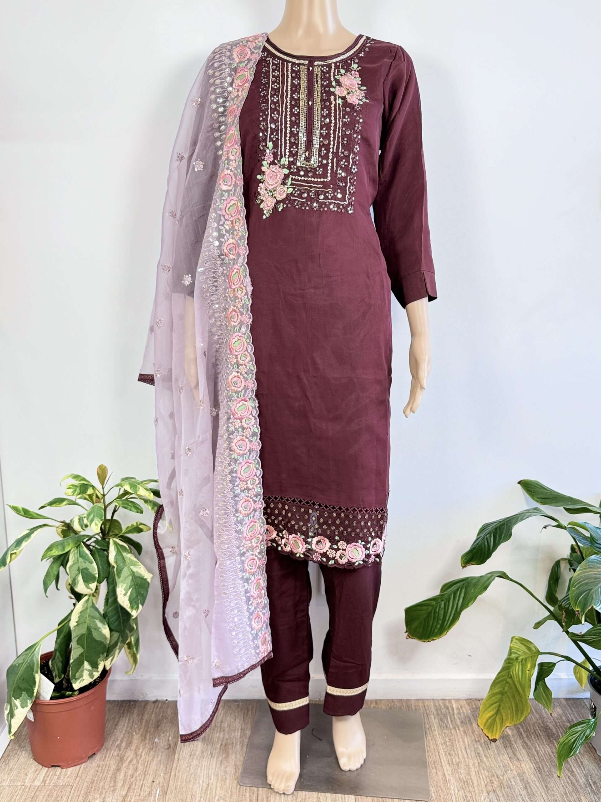 Dark Marron Color straight pant suit with heavy embroidery work