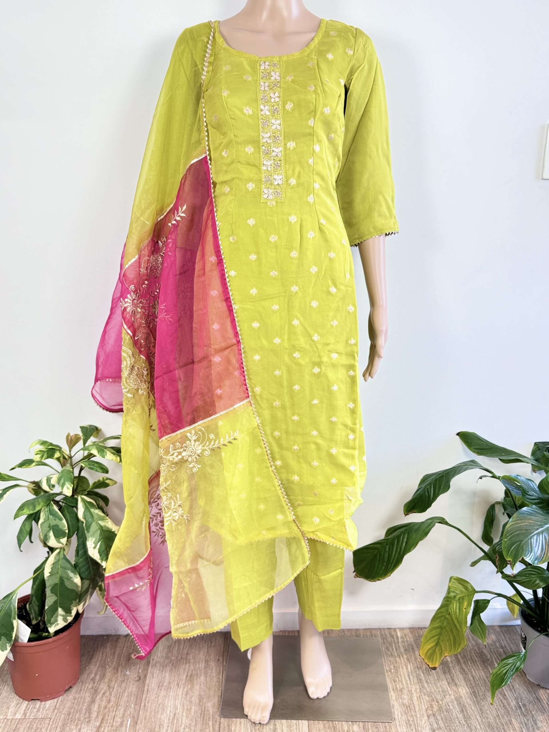 Ladies Pant style straight Suit With Contrast Embroidery Dupatta