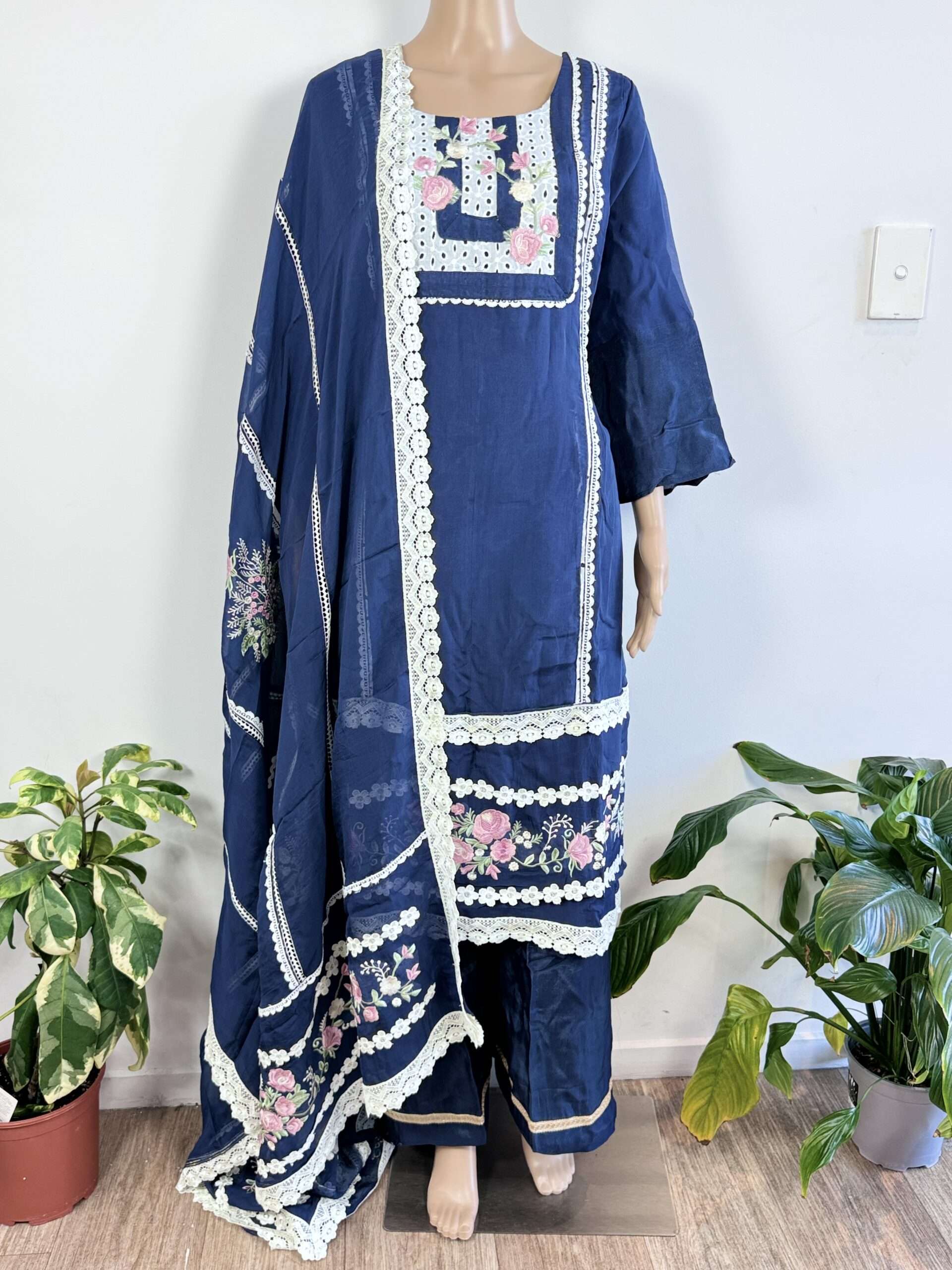 Plazzo Suit Navy Blue Color heavy embroidery and lace work