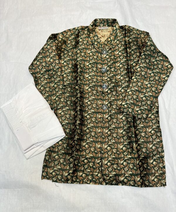BOYS INDO- WESTERN STYLE BROCADE SILK BASED EMBROIDERY DARK GREEN COLOR COMES WITH PANT