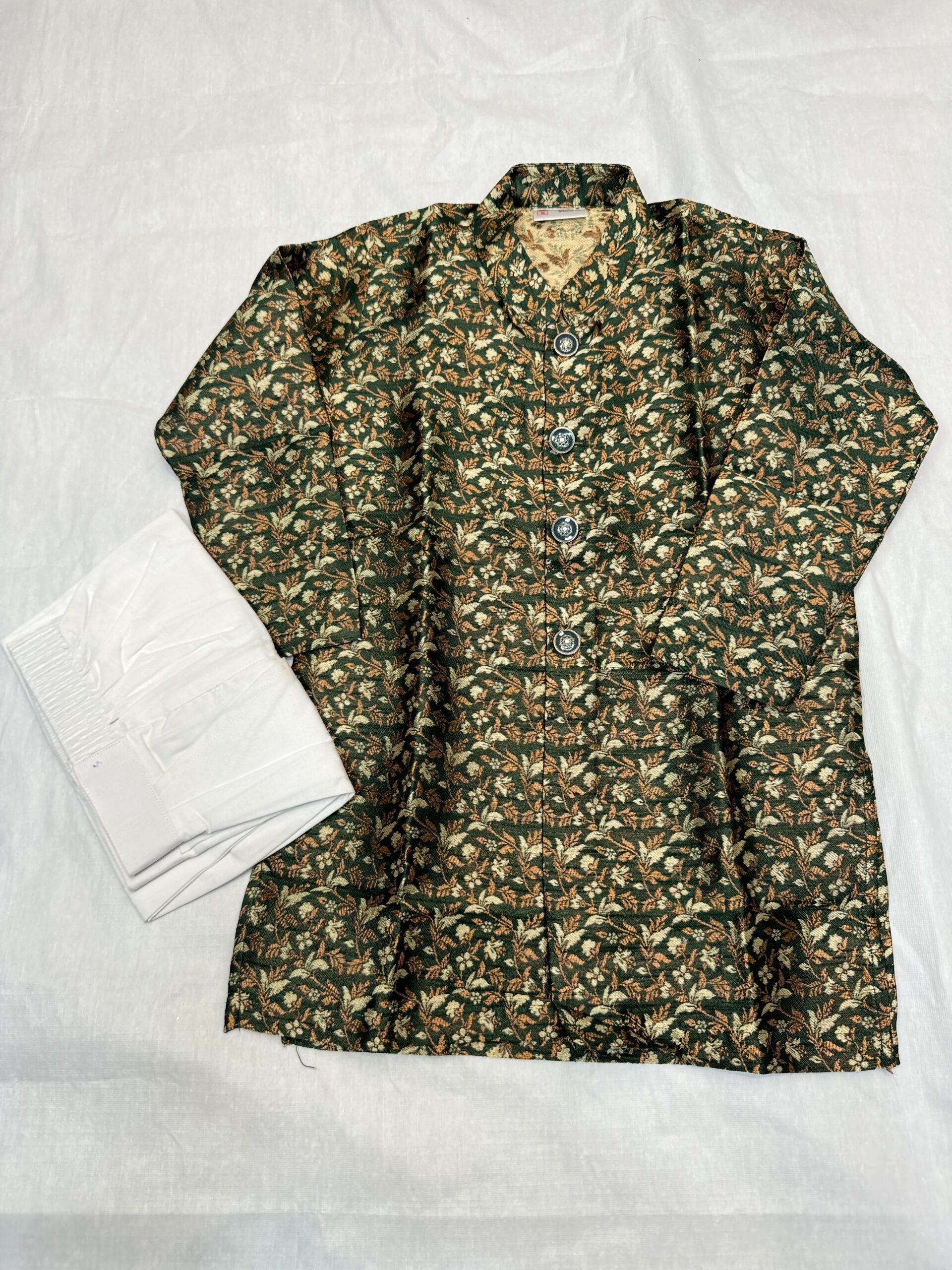 BOYS INDO- WESTERN STYLE BROCADE SILK BASED EMBROIDERY DARK GREEN COLOR COMES WITH PANT