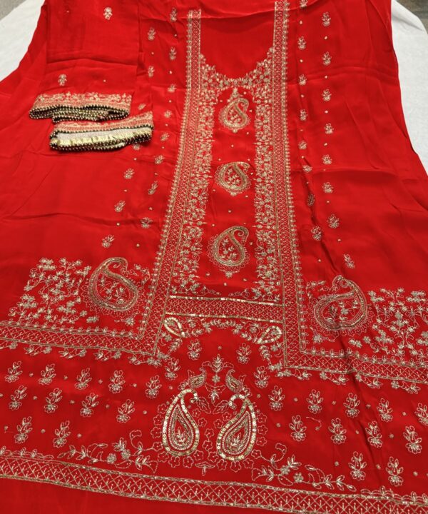 Beautiful Red Color Pure Silk Fabric Heavy Embroidery Dabka And Nalki Work on Shirt Comes With Matching Bottom Embroidery And four Side Lace Work On Dupatta