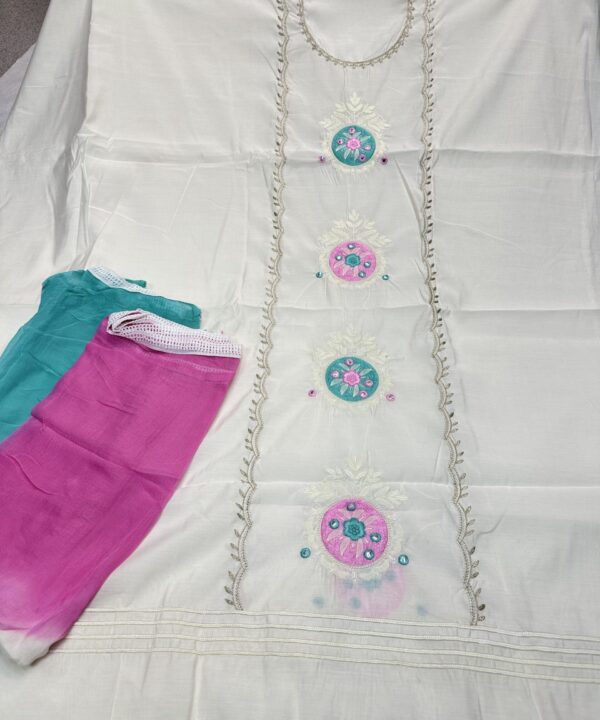 Beautiful Malmal Cotton Fabric Off White Color With Embroidery Work All Over Shirt Comes With Tie And Die Dupatta Four Side Lace Work