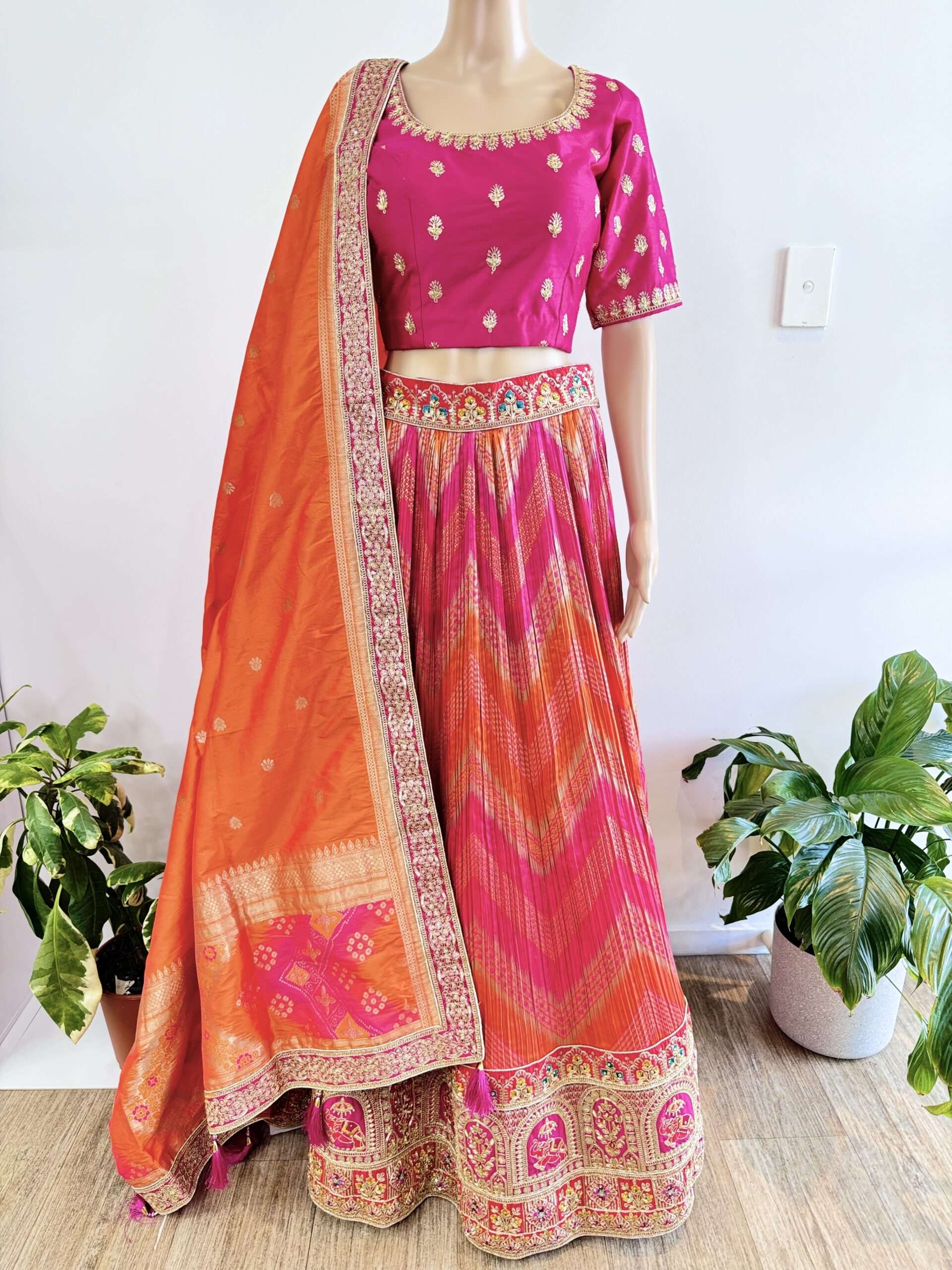 (Sold) BANARASI SILK ORANGE AND MANGENTA COLOUR FULL FLARED WITH EMBRIODERY AND STONE WORK LEHENGA BEAUTIFUL HEAVY EMBRIODERY WORK ON BLOUSE AND FOUR SIDE EMBRIODERY LACE WORK DUPATTA
