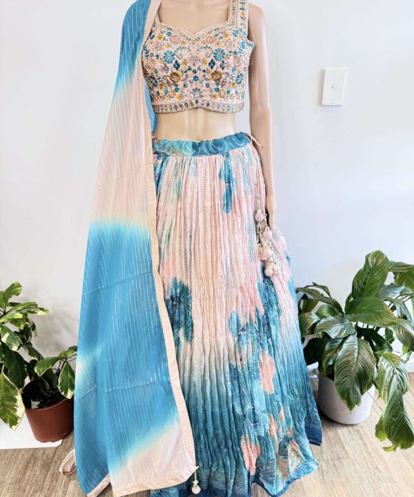(SOLD) DESIGNER SEQUENCE WORK CROPTOP LEHENGA WITH ORIGNAL MIRROR, ZARKAN AND THREAD WORK ON BLOUSE 2 SHADE GEORGETTE DUPATTA SEQUENCE WORK