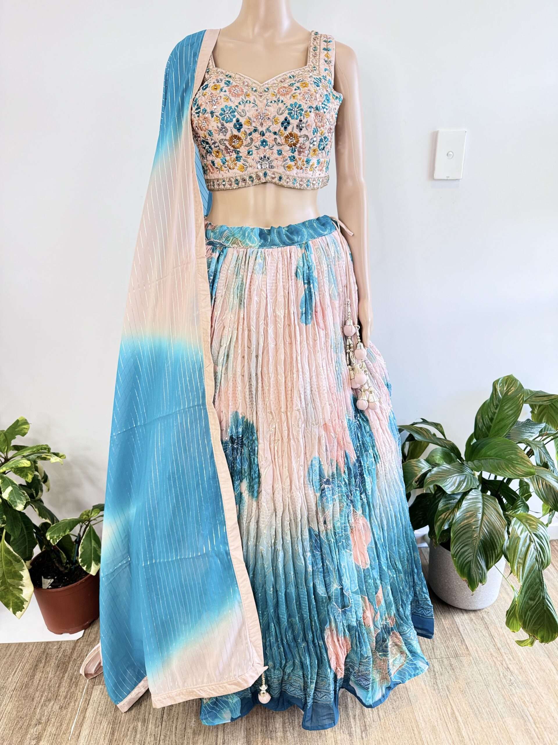 (SOLD) DESIGNER SEQUENCE WORK CROPTOP LEHENGA WITH ORIGNAL MIRROR, ZARKAN AND THREAD WORK ON BLOUSE 2 SHADE GEORGETTE DUPATTA SEQUENCE WORK