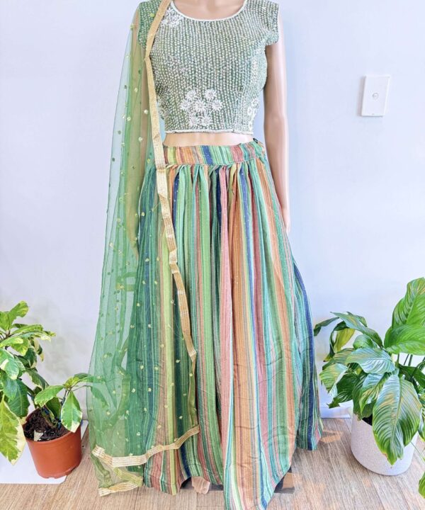 (SOLD)  MUTICOLOR GEORGETTE BASED BEAUTIFUL DESIGNER BLOUSE WITH HEAVY STONE AND HAND WORK .FULLY FLARED WITH HEAVY KEN KEN SEQUINCE WORK LEHENGA NET DUPATTA WITH FOUR SIDE LACE WORK