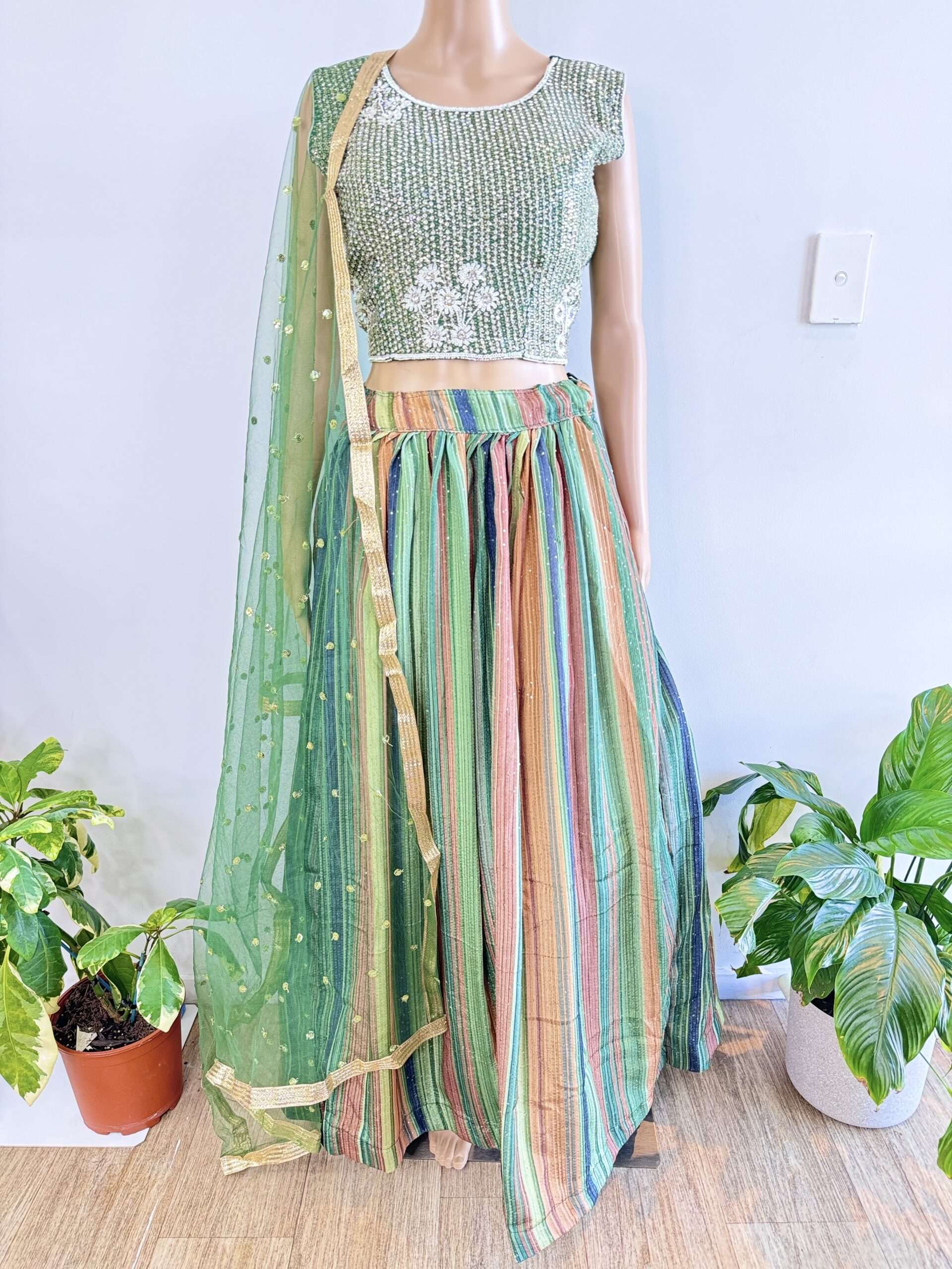 (SOLD)  MUTICOLOR GEORGETTE BASED BEAUTIFUL DESIGNER BLOUSE WITH HEAVY STONE AND HAND WORK .FULLY FLARED WITH HEAVY KEN KEN SEQUINCE WORK LEHENGA NET DUPATTA WITH FOUR SIDE LACE WORK