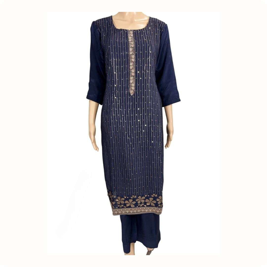 (SOLD) Navy Blue kurta Slim Pants Dupatta Set For Women - Image 2