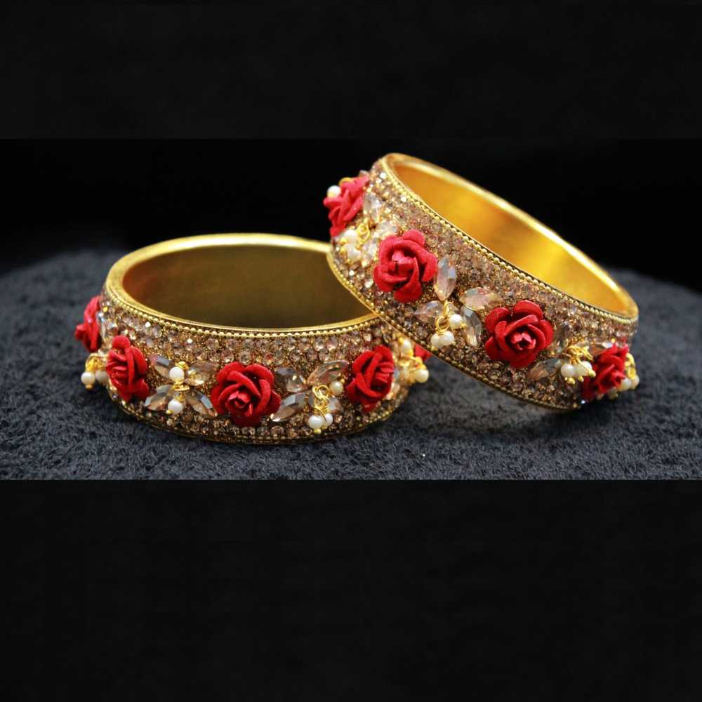 Beautiful Red flower with Golden fine crystal stone and pearl work metal Bangles