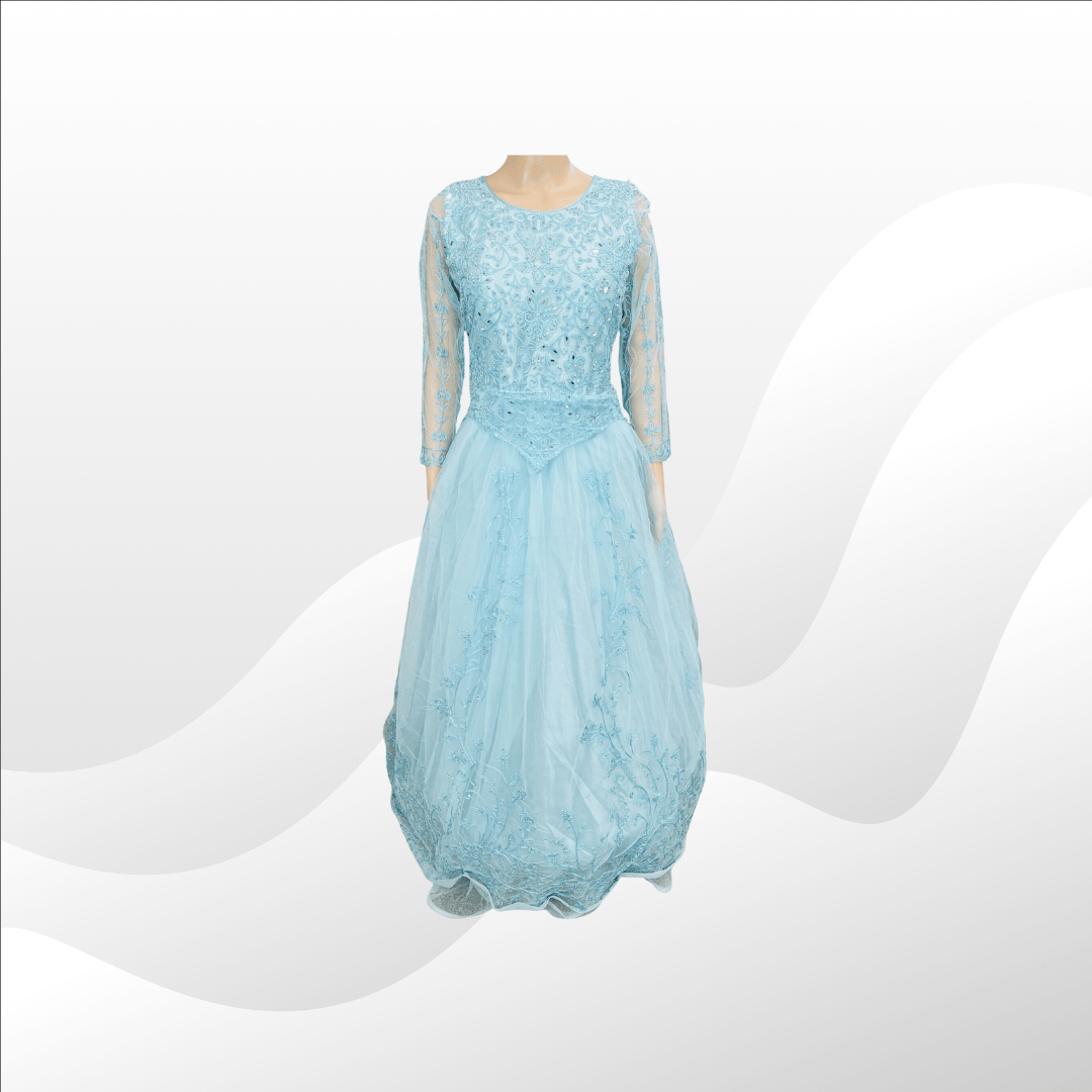 Embroidered Sky Blue Soft Net Ladies Gown