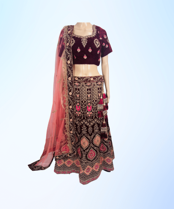 BEAUTIFUL VALVET BASED EMBROIDERY AND STONE AND THREAD WORK HEAVY KEN KEN LEHENGA COMES WITH CONTRAST DUPATTA