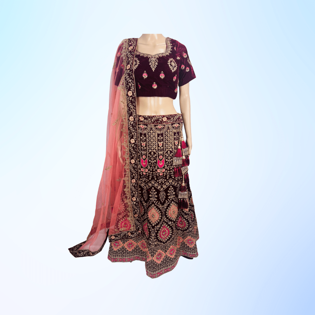 BEAUTIFUL VALVET BASED EMBROIDERY AND STONE AND THREAD WORK HEAVY KEN KEN LEHENGA COMES WITH CONTRAST DUPATTA