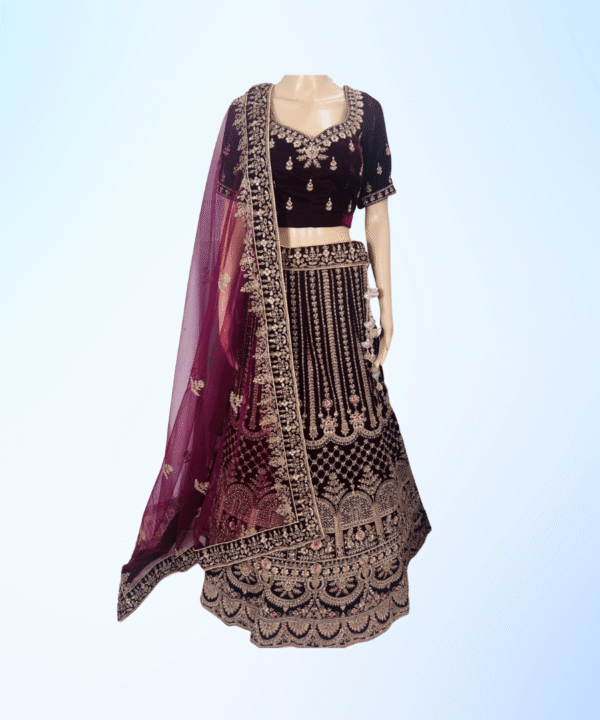 BEAUTIFUL VALVET LEHENGA WITH EMBROIDERY AND STONE WORK WITH HEAVY KEN KEN AND BEAUTIFUL FOUR SIDE LACE WORK