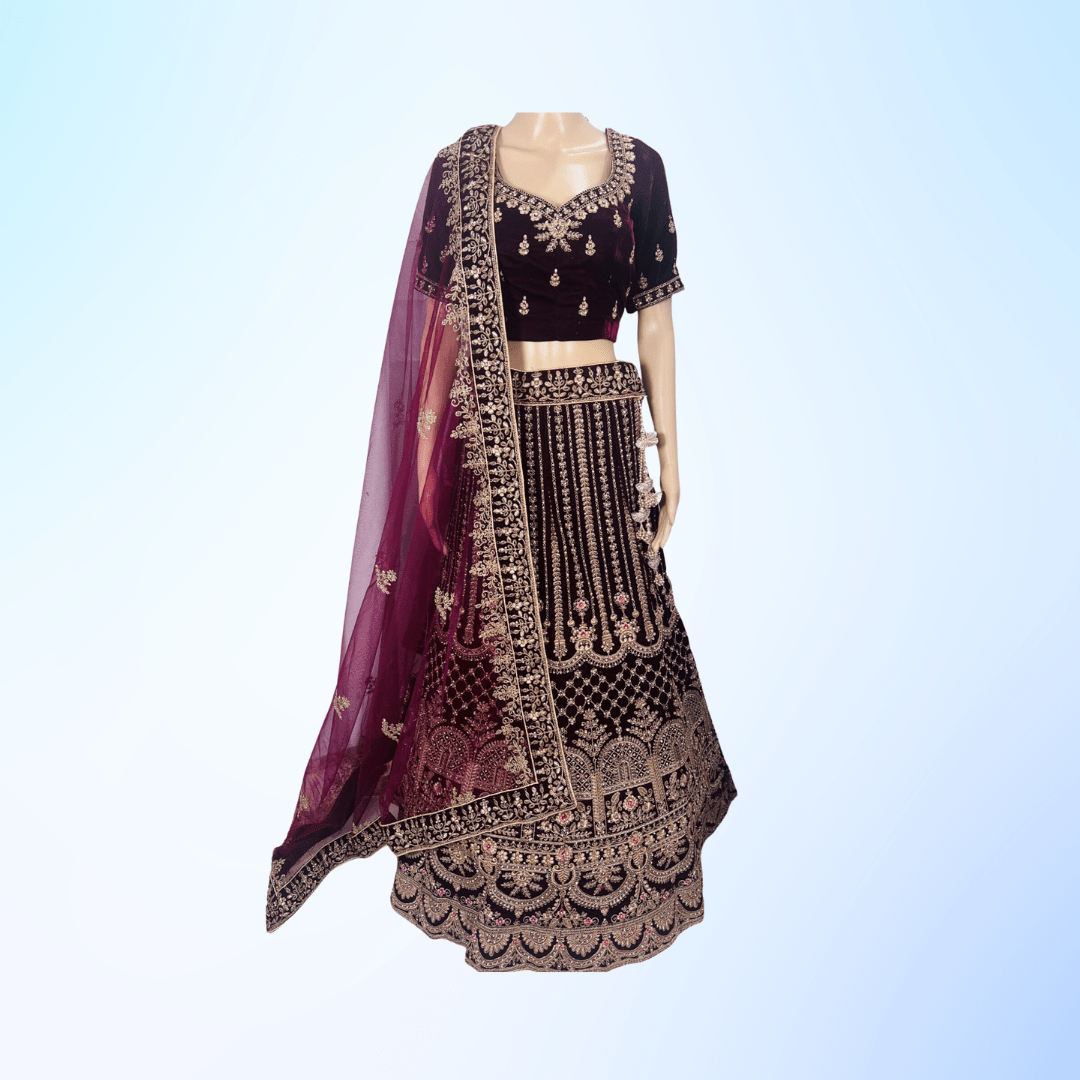 BEAUTIFUL VALVET LEHENGA WITH EMBROIDERY AND STONE WORK WITH HEAVY KEN KEN AND BEAUTIFUL FOUR SIDE LACE WORK