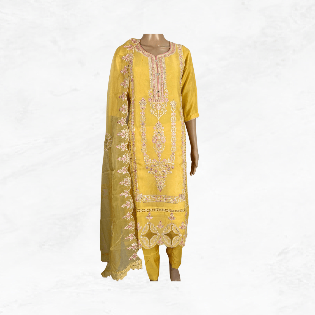 YELLOW EMBROIDERED CHANDERI SALWAR