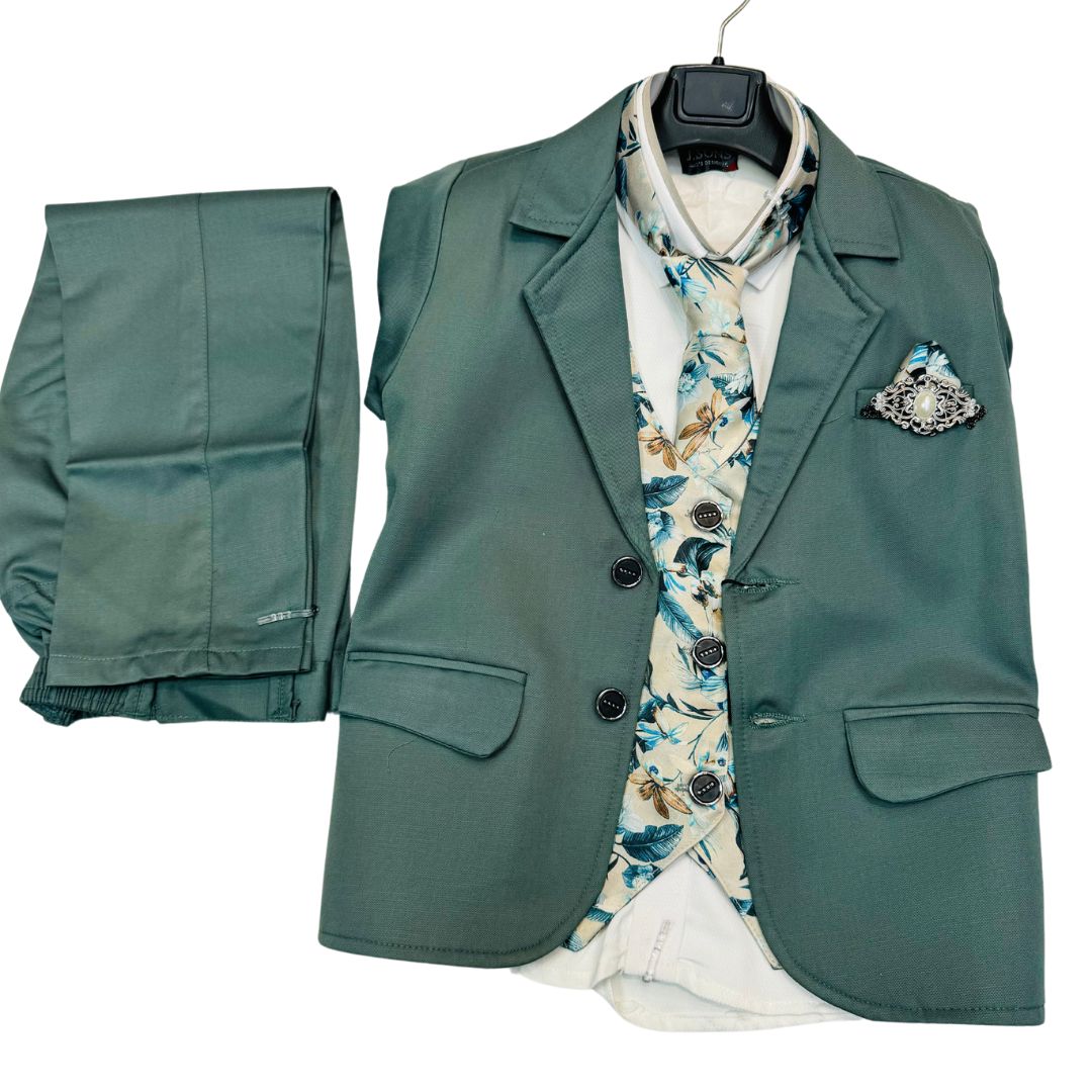 Boys Dark Green 5 Piece Suit