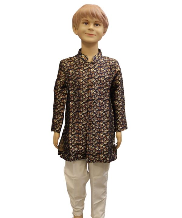 BOYS INDO- WESTERN STYLE BROCADE SILK BASED EMBROIDERY NAVY BLUE COLOR COMES WITH PANT
