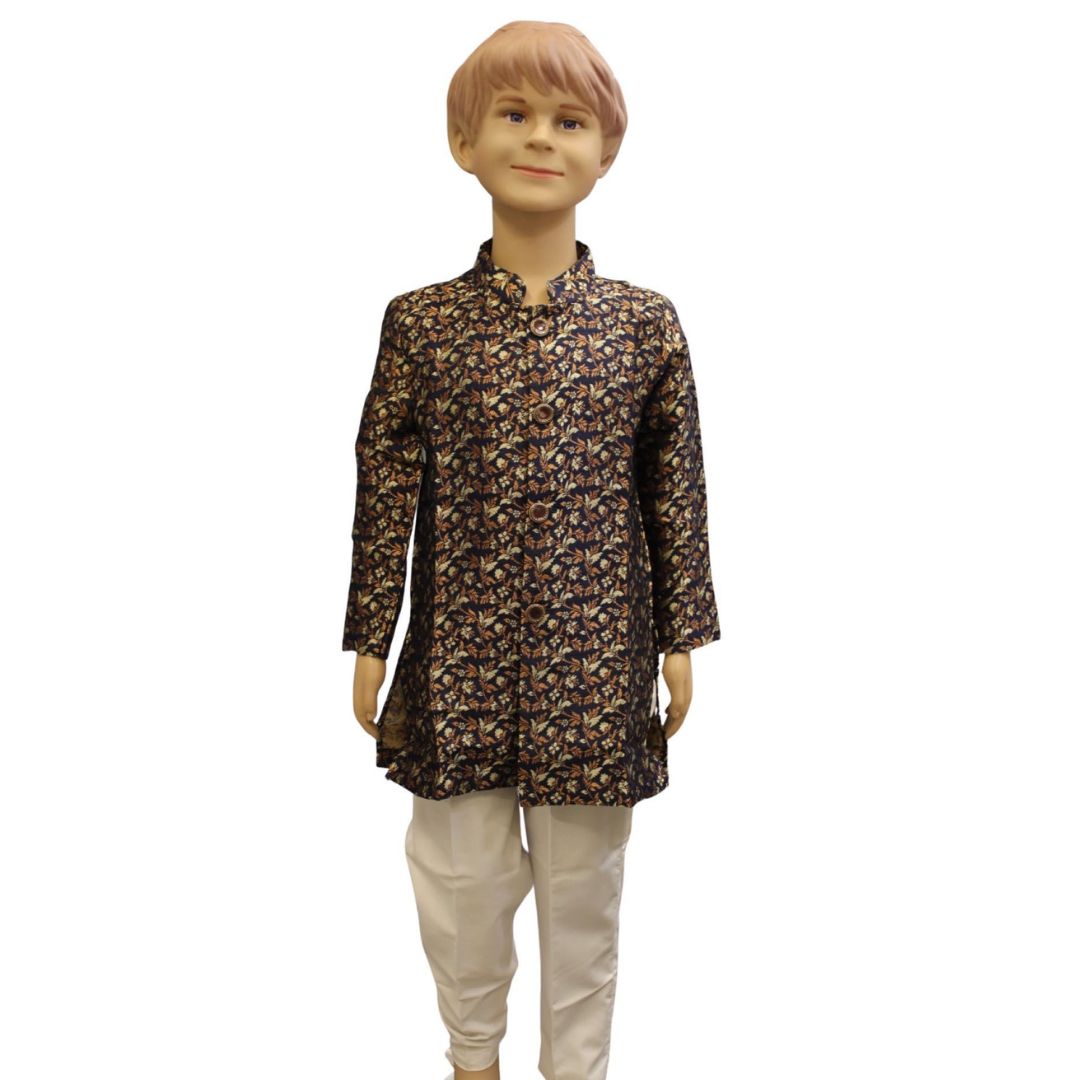 BOYS INDO- WESTERN STYLE BROCADE SILK BASED EMBROIDERY NAVY BLUE COLOR COMES WITH PANT