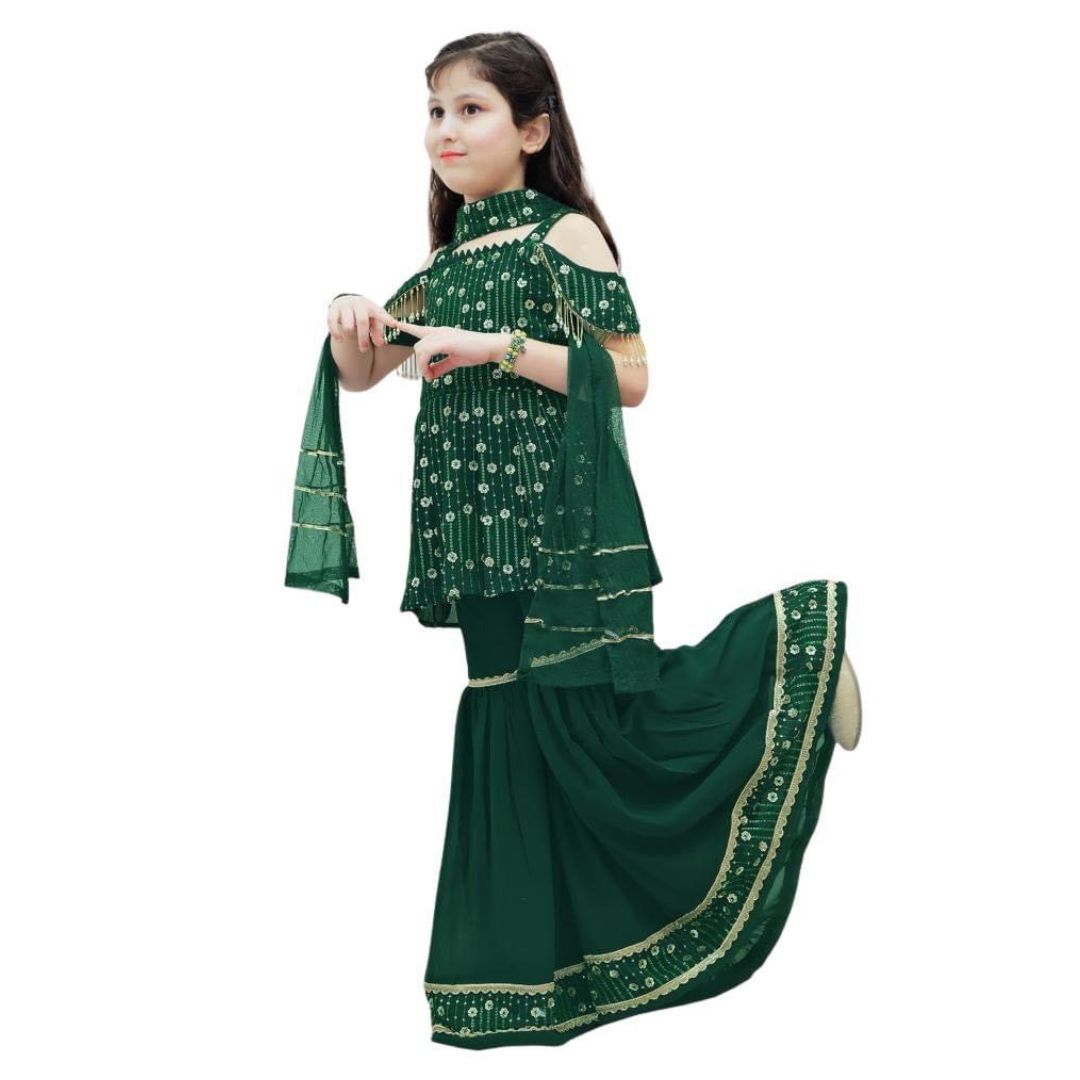 BEAUTIFUL DARK GREEN COLOR SHARARA SUIT WITH EMBROIDERY AND PEARL WORK COMES WITH DUPATTA