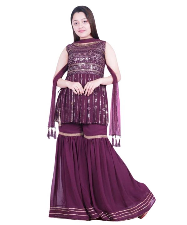 BEAUTIFUL WINE COLOR SHARARA SUIT WITH SEQUENCE WORK ALL OVER SHIRT COMES WITH DUPATTA