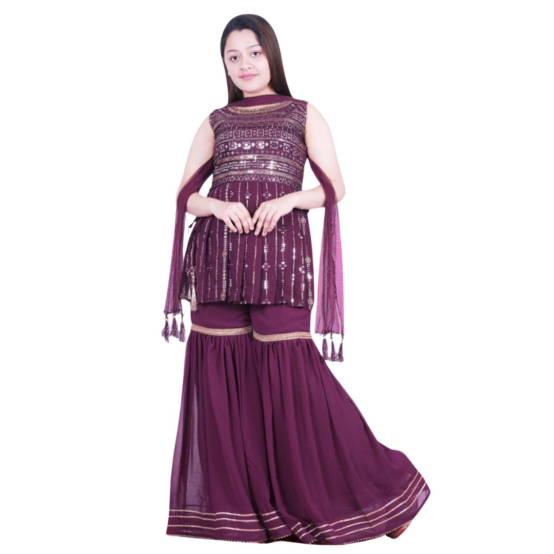 BEAUTIFUL WINE COLOR SHARARA SUIT WITH SEQUENCE WORK ALL OVER SHIRT COMES WITH DUPATTA