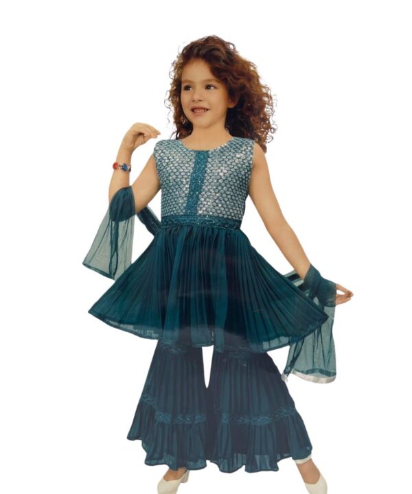 BEAUTIFUL TEAL BLUE  COLOR SHARARA SUIT WITH SEQUENCE WORK SHIRT COMES WITH DUPATTA