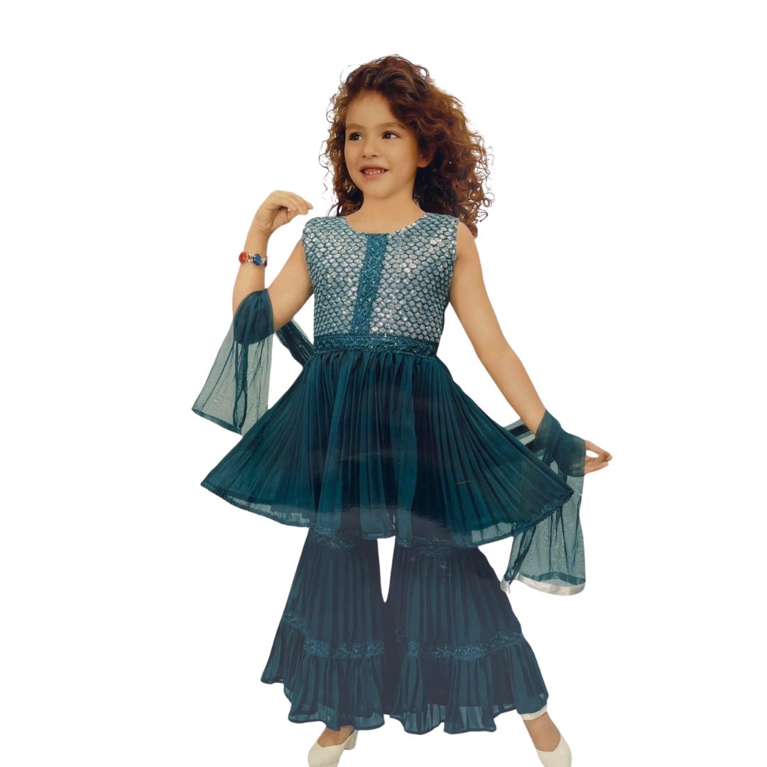 BEAUTIFUL TEAL BLUE  COLOR SHARARA SUIT WITH SEQUENCE WORK SHIRT COMES WITH DUPATTA