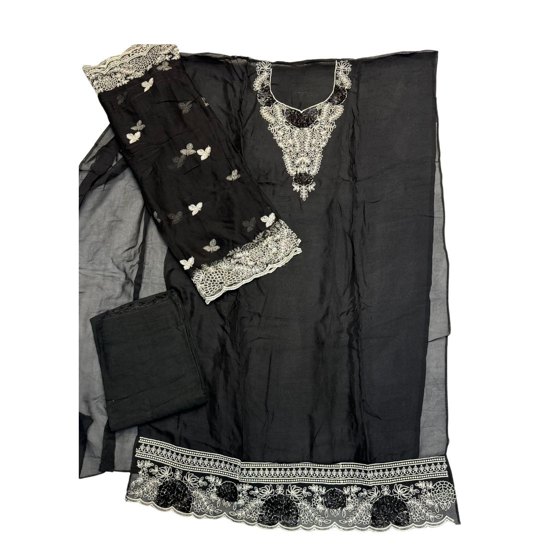 (SOLD) Beautiful 3 Piece Unstitched Suit  Soft Organza Silk Black Color Embroidery And Cut Dana work