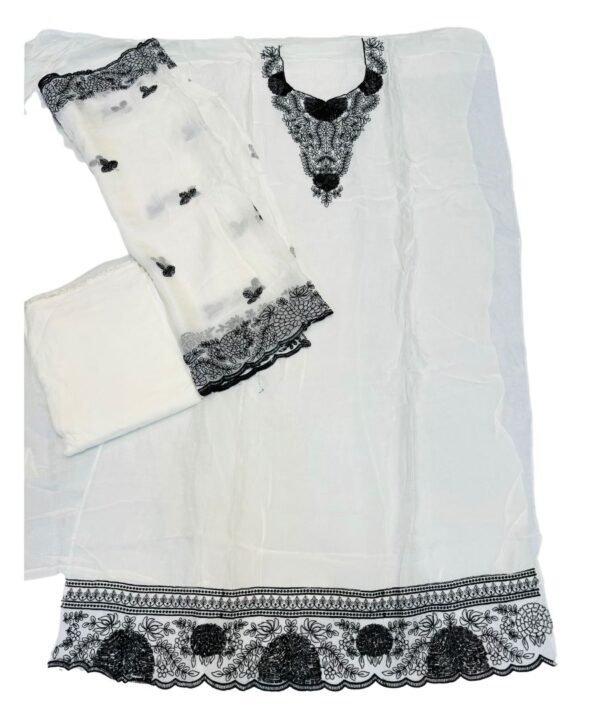 Beautiful 3 Piece Unstitched Suit  Soft Organza Silk White Color Embroidery And Cut Dana work