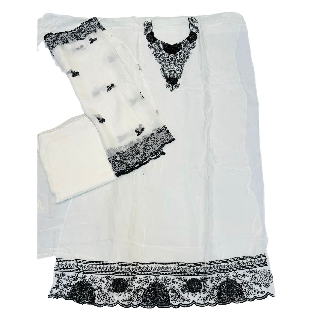 Beautiful 3 Piece Unstitched Suit  Soft Organza Silk White Color Embroidery And Cut Dana work