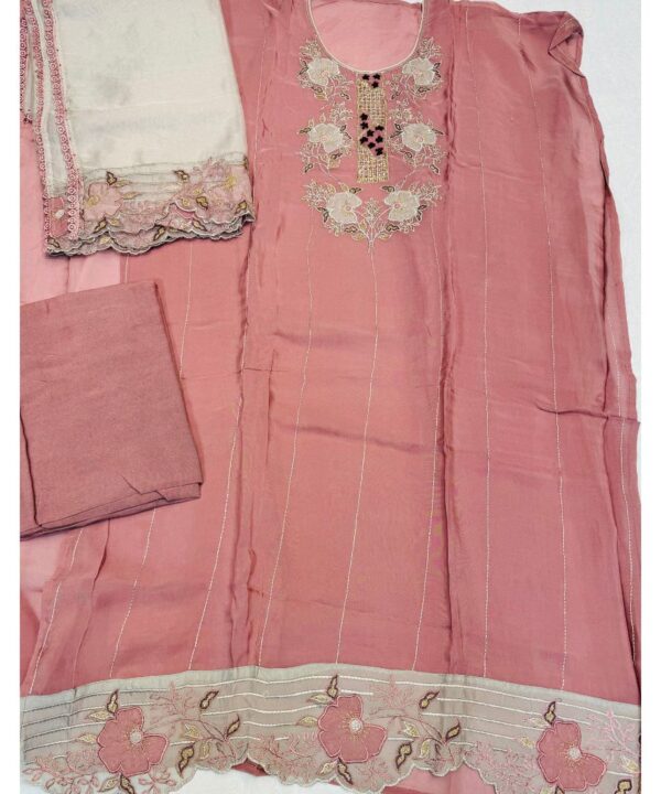 Beautiful Unstitched Light Onion Pink Shirt with Embroidery Cut Work On Shirt Comes With Contrast Dupatta with Cut and Embroidery Work