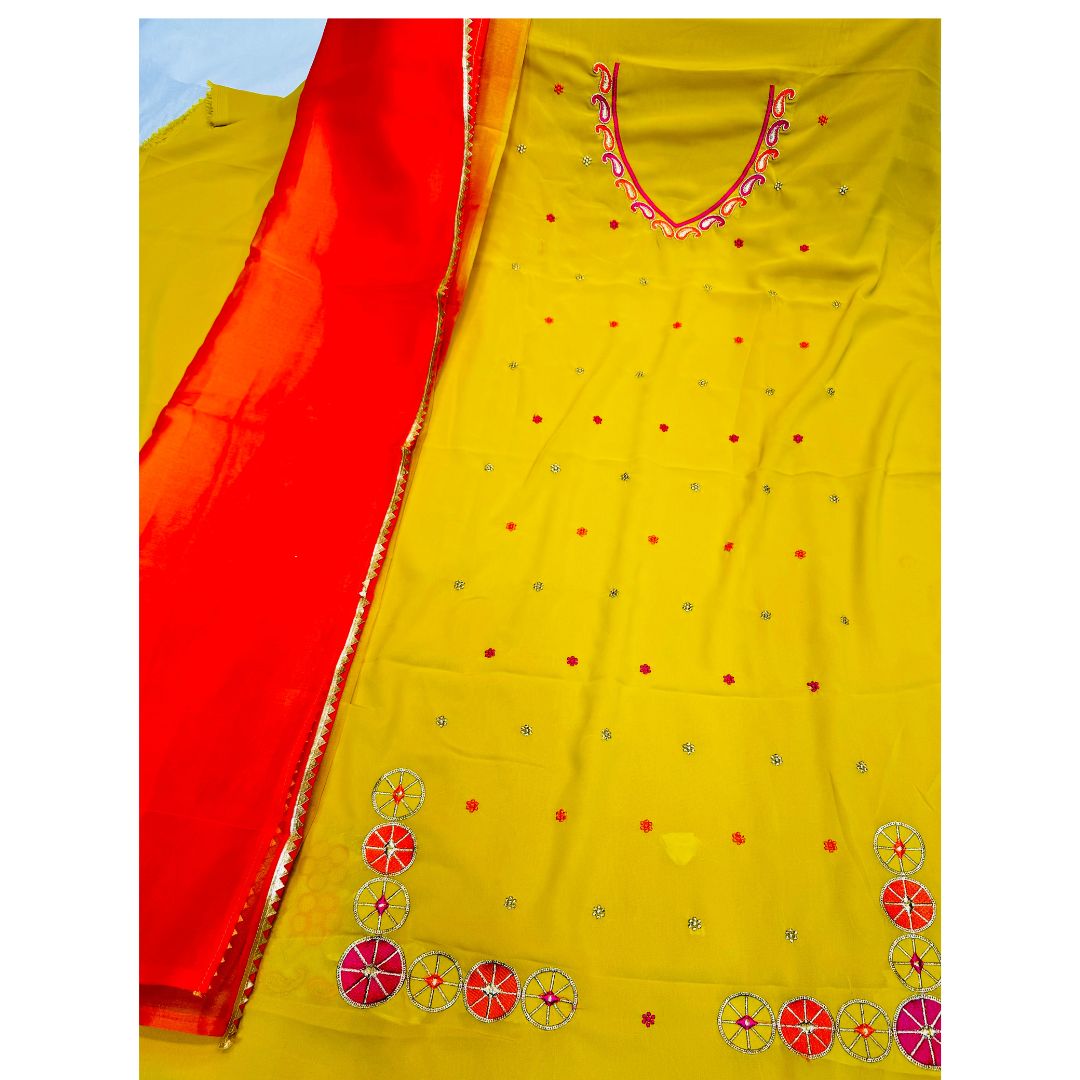 (Sold) Beautiful Pure Georgette Fabric Unstitched Suit with Embroidery Work All Over Shirt Comes with Contrast Dupatta with Four Side Lace Work