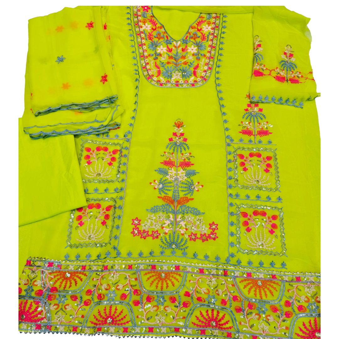 Beautiful Pure Georgette Fabric Unstitched Suit with Embroidery Work All Over Shirt Comes with Matching Dupatta with Embroidery Four Side Lace Work