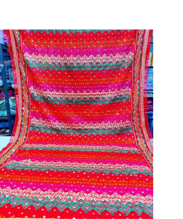 Beautiful Multi Color Phulkari With Heavy Embroidery Mirror And Stone Work comes With Four Side Lace Work