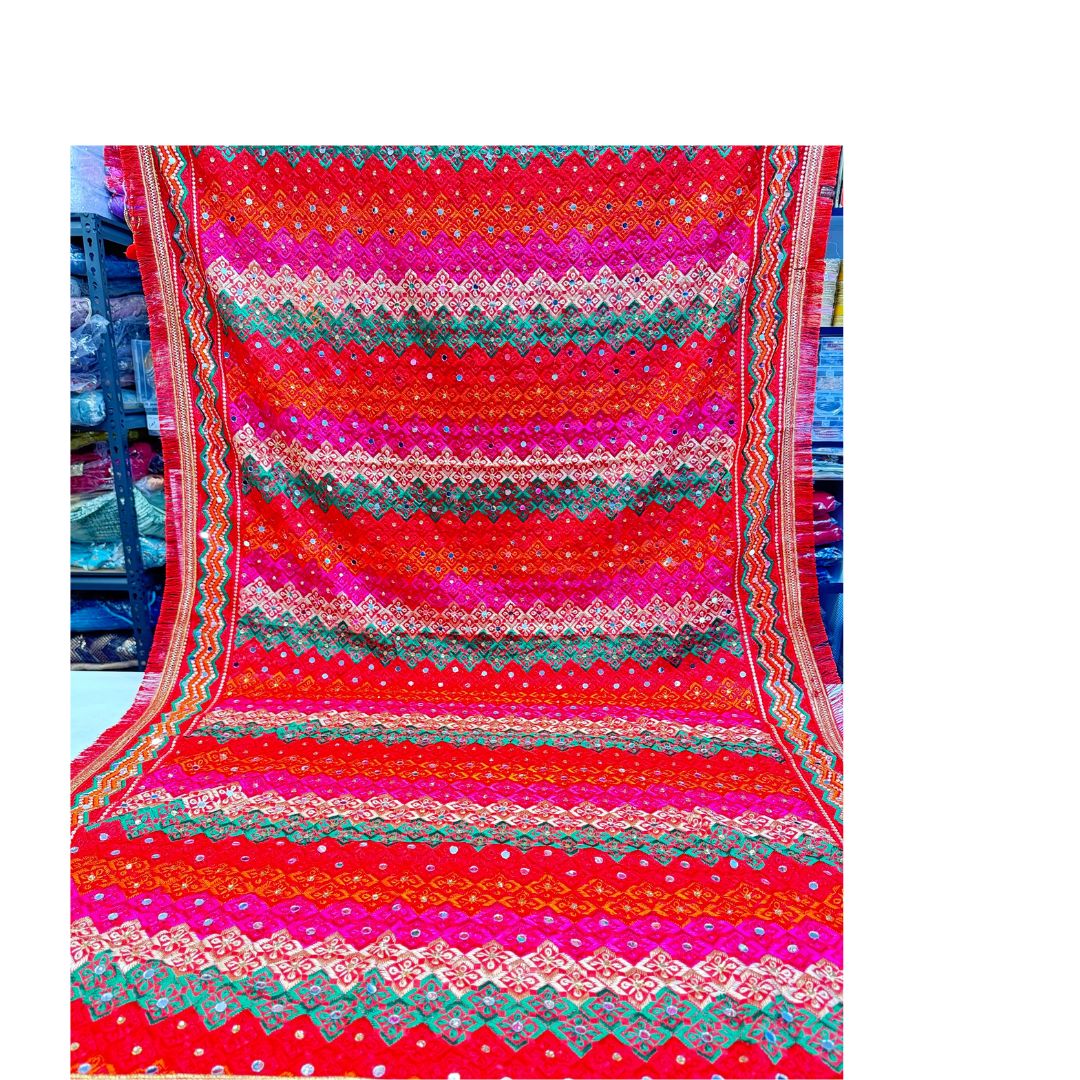 Beautiful Multi Color Phulkari With Heavy Embroidery Mirror And Stone Work comes With Four Side Lace Work