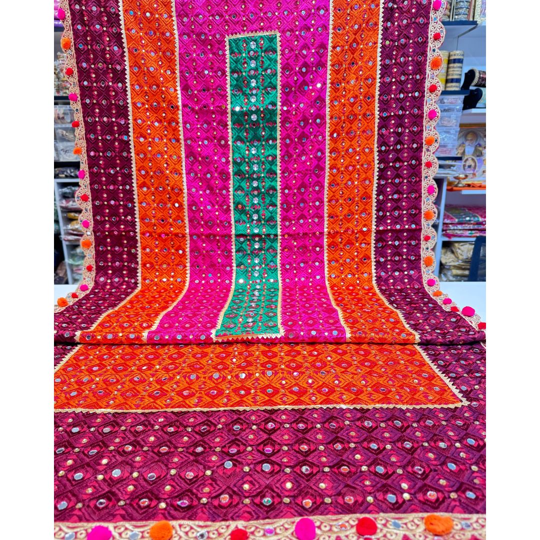 Beautiful Very Heavy Embroidery Stone With Mirror Work Phulkari Dupatta.